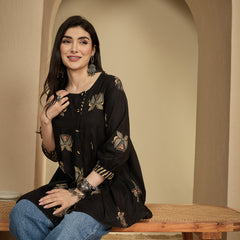 Gulmohar Jaipur Rayon Hip Length Printed 3/4 Sleeves Round Neck Flared Top