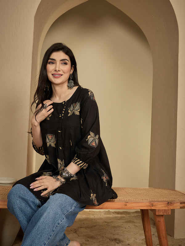 Gulmohar Jaipur Rayon Hip Length Printed 3/4 Sleeves Round Neck Flared Top