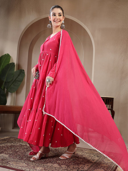 Gulmohar Jaipur Cotton Calf Length Solid Full Sleeves V-Neck Anarkali Kurta Suit Set