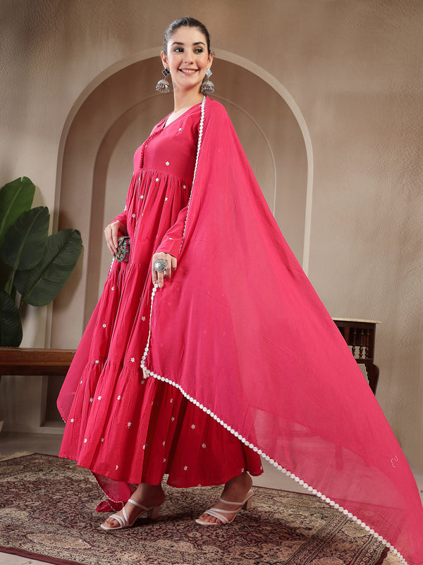 Gulmohar Jaipur Cotton Calf Length Solid Full Sleeves V-Neck Anarkali Kurta Suit Set