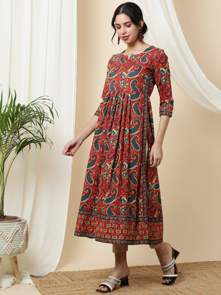 Rayon Calf Length Printed Semi-Flared 3/4 Sleeves Round Kurta
