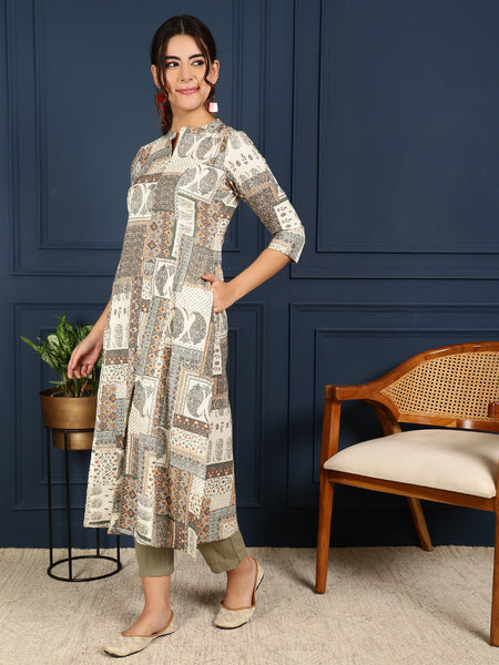 Cotton Flex Calf Length Printed Mandarin Coller A-Line Kurta