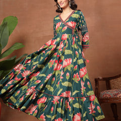 Cotton Ankle Length Printed 3/4 Sleeves V-Neck Flared Kurta