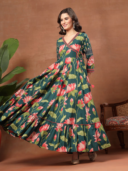 Cotton Ankle Length Printed 3/4 Sleeves V-Neck Flared Kurta