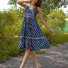 Gulmohar Jaipur Cotton Knee Length Printed Strappy Sleeve V-Neck Flared Dress