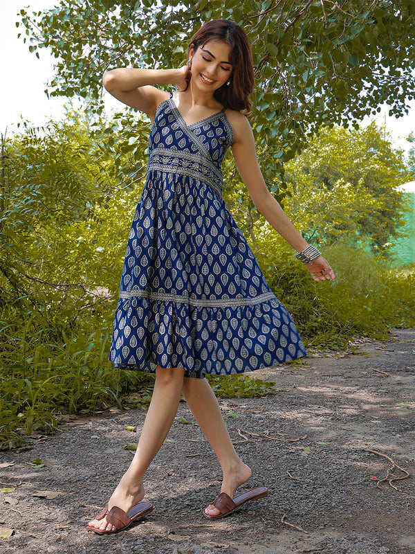 Gulmohar Jaipur Cotton Knee Length Printed Strappy Sleeve V-Neck Flared Dress