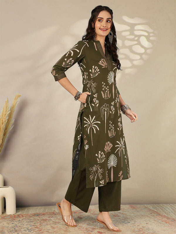Rayon Calf Length Printed Straight 3/4 Sleeves Mandarin Neck Kurta Bottom Set