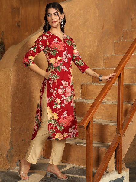 Maroon Cotton Calf Length Printed Straight Round Neck Kurta