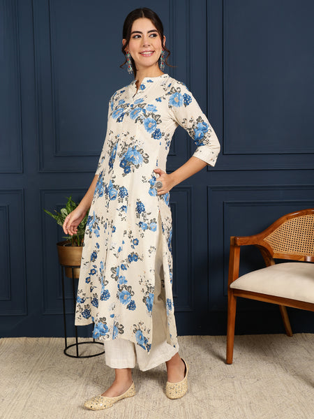 Blue Cotton Flex Calf Length Printed Mandarin  A-Line Coller Kurta
