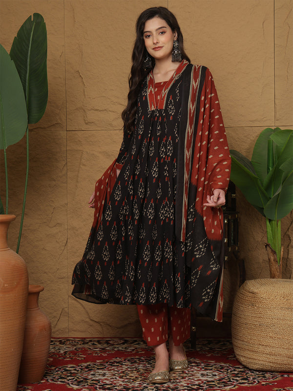 Black Pure Cotton Printed Hand-Work V-Neck Semi-Flared Kurta Suit Set