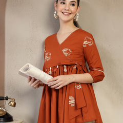 Gulmohar Jaipur Rayon Hip Length Printed 3/4 Sleeves V-Neck Flared Top