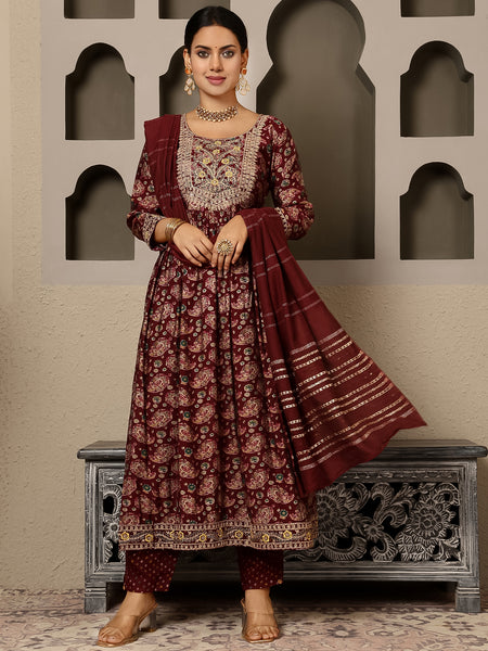 Maroon Rayon Calf Length Printed Round Flared Kurta Suit Set