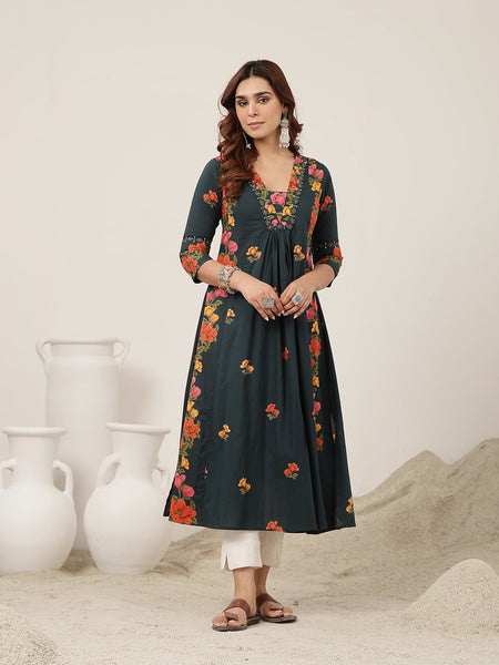 Rayon Calf Length Printed 3/4 Sleeve V-Neck Flared Kurta