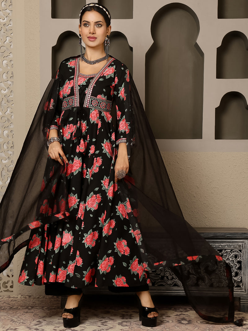 Black Rayon Calf Length Printed V-Neck Anarkali Kurta Suit Set