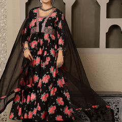 Black Rayon Calf Length Printed V-Neck Anarkali Kurta Suit Set