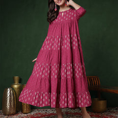Cotton Calf Length Printed 3/4 Sleeves Key Hole Neck Flared Kurta