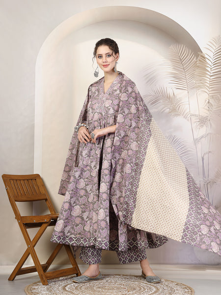 Purple Cotton Calf Length Printed V-Neck Flared Kurta Suit Set