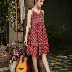 Gulmohar Jaipur Cotton Knee Length Printed Strappy Sleeve V-Neck Flared Dress