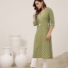 Cotton Calf Length Printed 3/4 Sleeve V-Neck Straight Kurta