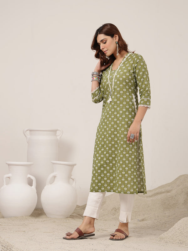 Cotton Calf Length Printed 3/4 Sleeve V-Neck Straight Kurta