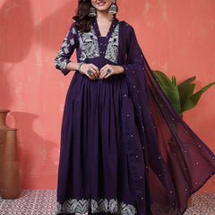 Purple Cotton Calf Length Solid 3/4 Sleeves V-Neck Anarkali Kurta Suit Set