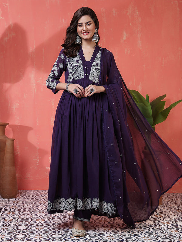 Purple Cotton Calf Length Solid 3/4 Sleeves V-Neck Anarkali Kurta Suit Set