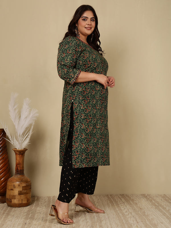 Cotton Calf Length Printed Straight 3/4 Sleeves Round Kurta Suit Set (Plus+)