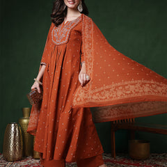 Cotton Calf Length Printed 3/4 Sleeves Round Neck Semi-Flared Kurta Suit Set