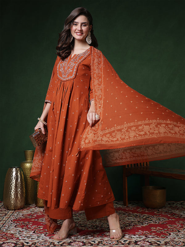 Cotton Calf Length Printed 3/4 Sleeves Round Neck Semi-Flared Kurta Suit Set