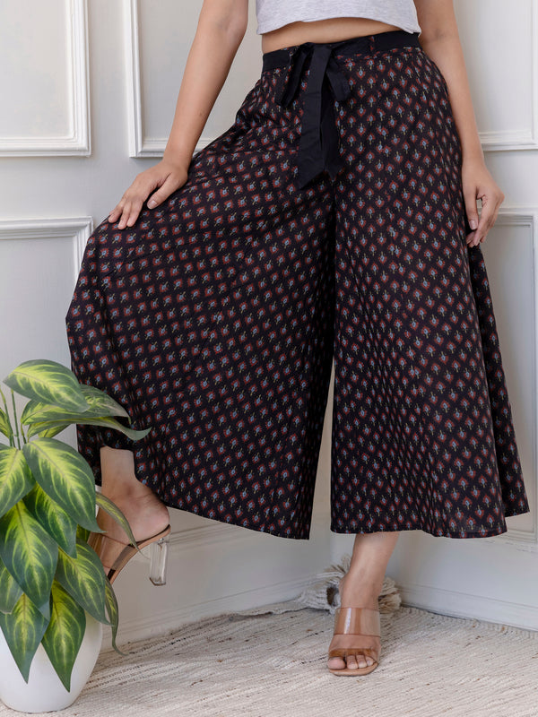 Blue Cotton Calf Length Printed Flared Palazzo