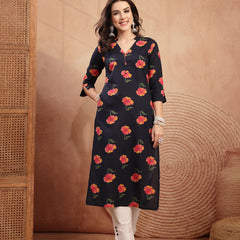 Gulmohar Jaipur Cotton Calf Length Printed 3/4 Sleeve V-Neck Straight Kurta