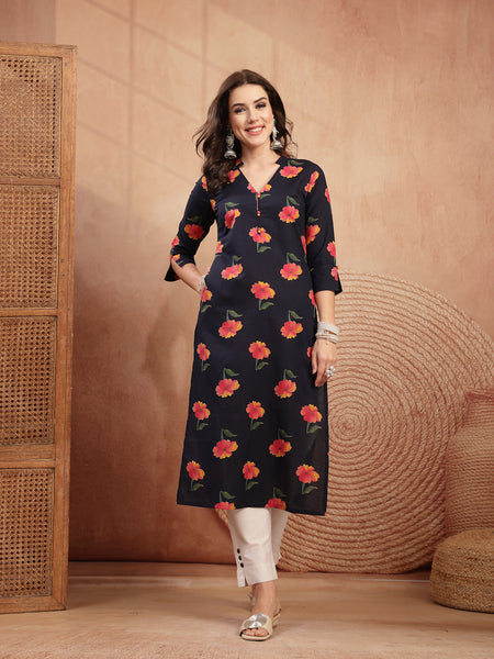 Gulmohar Jaipur Cotton Calf Length Printed 3/4 Sleeve V-Neck Straight Kurta
