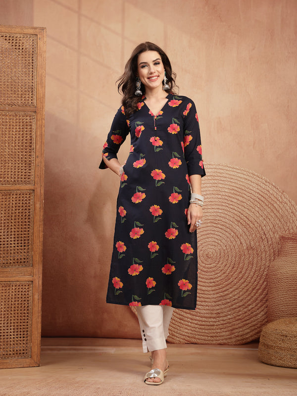 Gulmohar Jaipur Cotton Calf Length Printed 3/4 Sleeve V-Neck Straight Kurta