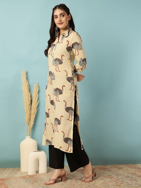 Rayon Calf Length Printed Straight 3/4 Sleeves Shirt Collar Kurta