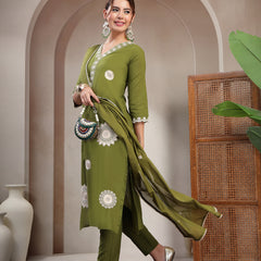 Cotton Calf Length Solid 3/4 Sleeve V-Neck Straight Kurta Suit Set