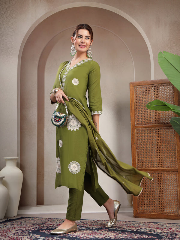 Cotton Calf Length Solid 3/4 Sleeve V-Neck Straight Kurta Suit Set