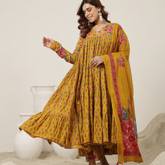 Cotton Calf Length Printed Full Sleeve V-Neck Flared Kurta Suit Set