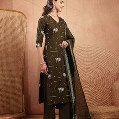 Gulmohar Jaipur Rayon Calf Length Printed 3/4 Sleeves V-Neck Straight Kurta Suit Set