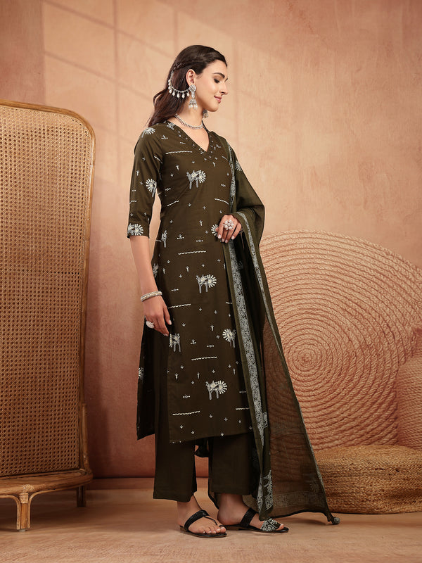 Gulmohar Jaipur Rayon Calf Length Printed 3/4 Sleeves V-Neck Straight Kurta Suit Set