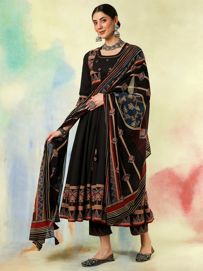Black Pure Cotton Printed Embroidered Anarkali Kurta Suit Set