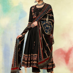 Black Pure Cotton Printed Embroidered Anarkali Kurta Suit Set