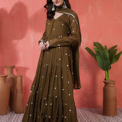 Cotton Ankle  Length Printed Full- Sleeves V-Neck Tired Kurta Suit Set