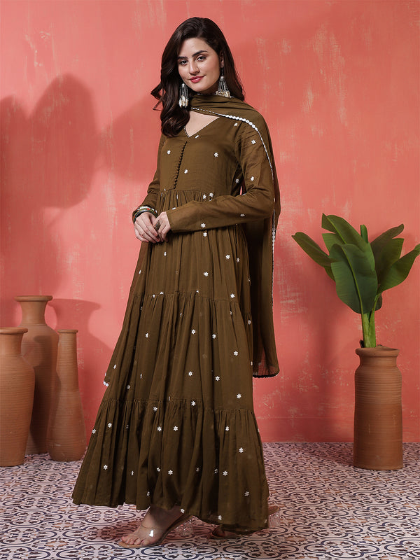 Cotton Ankle  Length Printed Full- Sleeves V-Neck Tired Kurta Suit Set