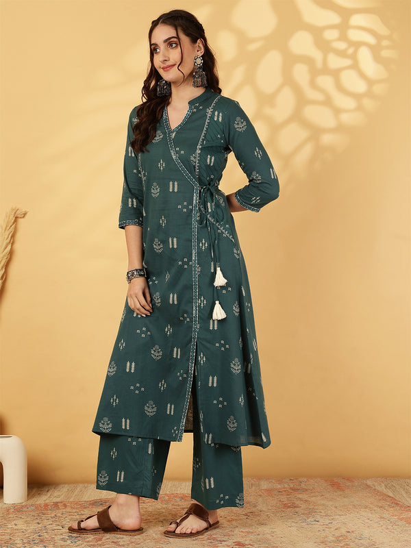 Rayon Calf Length Printed Straight 3/4 Sleeves V-Neck Kurta Bottom Dupatta Set