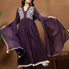 Cotton Calf Length Solid 3/4 Sleeves V-Neck Flared Kurta Suit Set