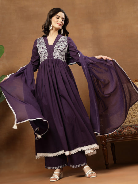 Cotton Calf Length Solid 3/4 Sleeves V-Neck Flared Kurta Suit Set