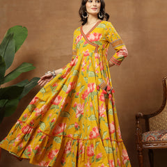 Cotton Ankle Length Printed 3/4 Sleeves V-Neck Flared Kurta