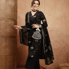 Gulmohar Jaipur Rayon Calf Length Printed 3/4 Sleeves V-Neck Straight Kurta Suit Set