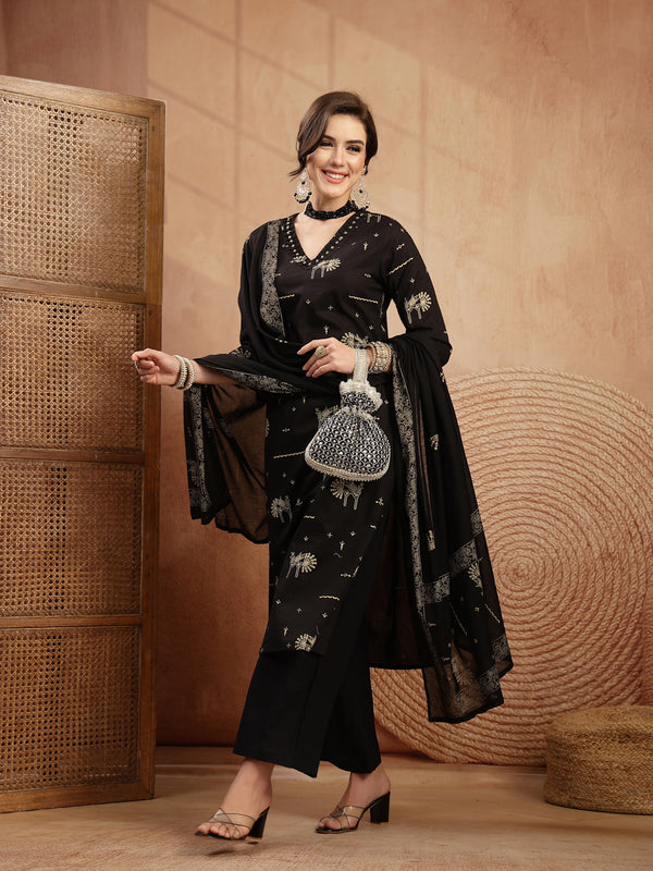 Gulmohar Jaipur Rayon Calf Length Printed 3/4 Sleeves V-Neck Straight Kurta Suit Set