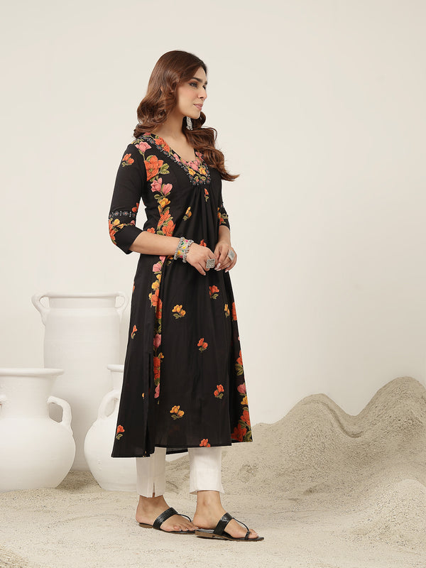 Rayon Calf Length Printed 3/4 Sleeve V-Neck Flared Kurta